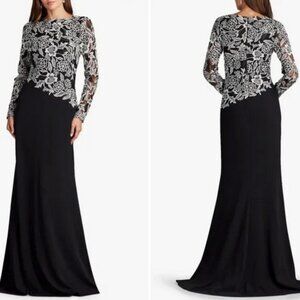 Tadashi Shoji Black Ivory Embroidered Floral Lace Crepe Gown